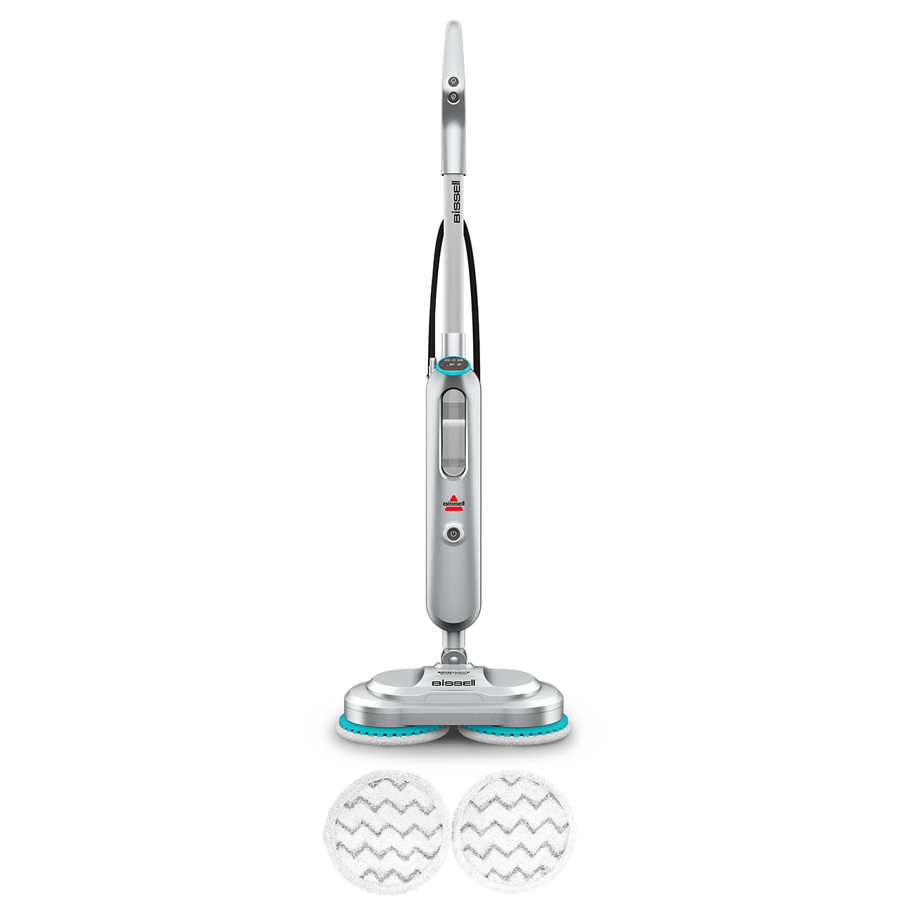 BISSELL SpinWave SmartSteam 3712W silver upright spin mop with blue accents and two round pads