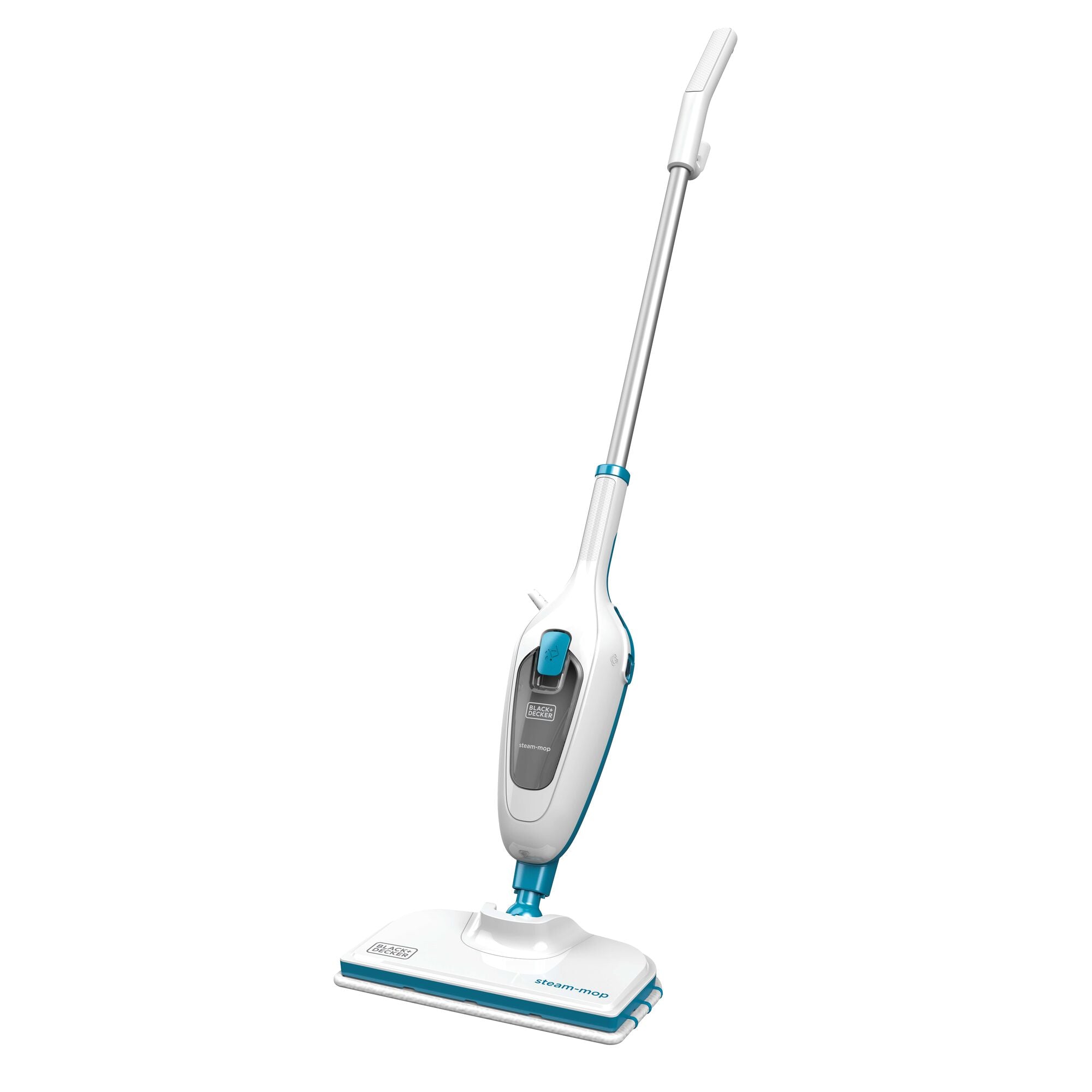 BLACK+DECKER HSM13E1 white upright Classic SteamMop with its microfiber floor head; package details are in the caption.