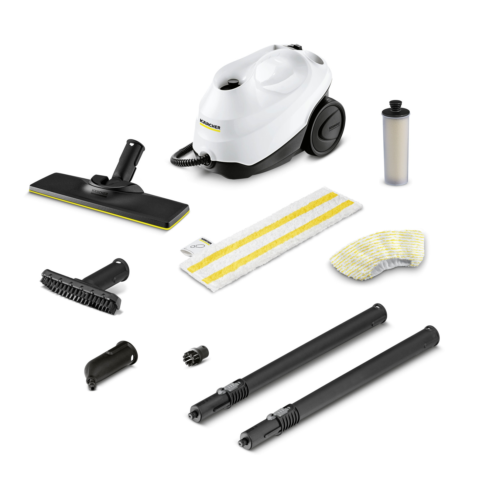 Kärcher SC 3 EasyFix White canister steam cleaner shown with the EasyFix floor head, cloth, descaling cartridge and detail tools