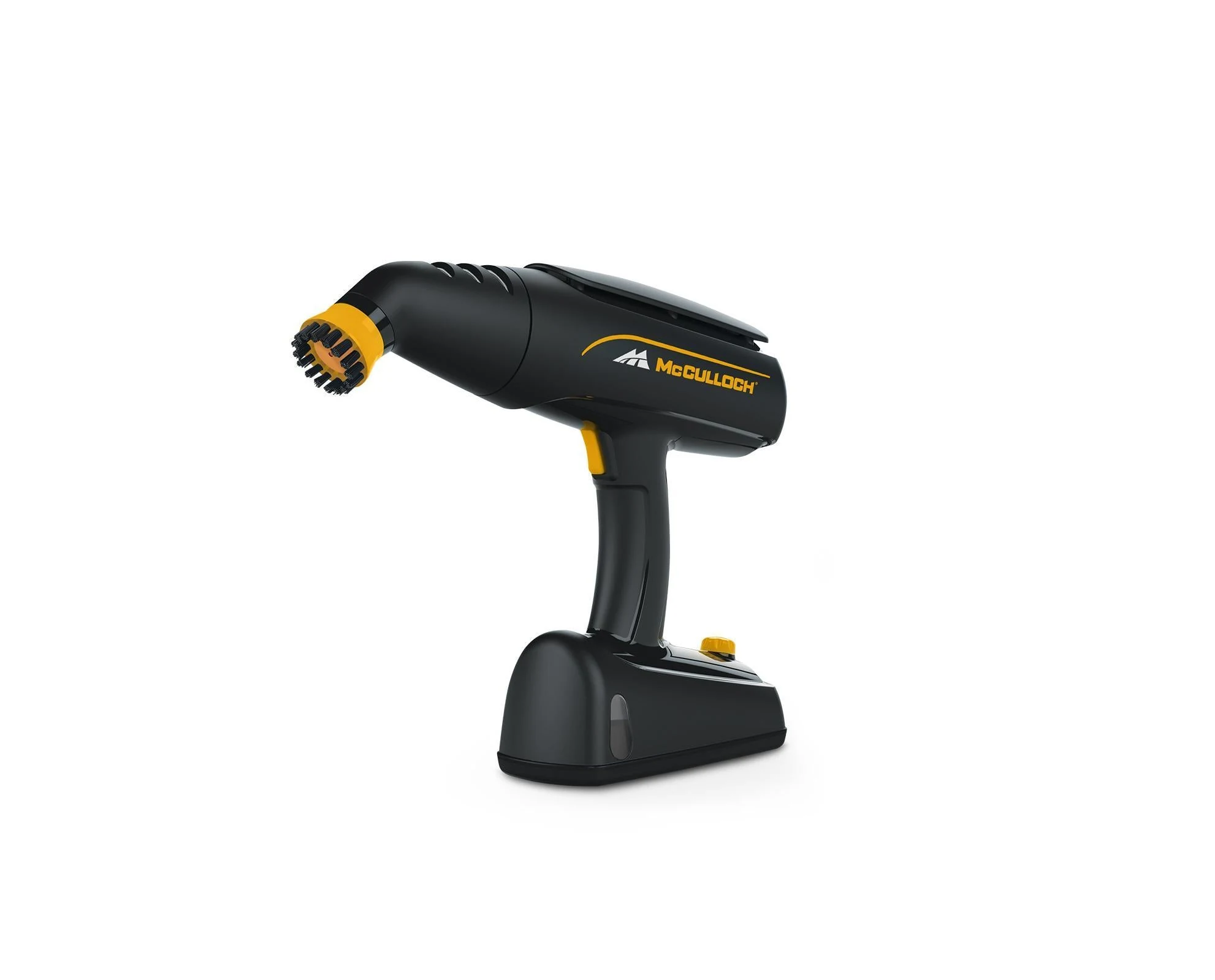 Official McCulloch MC1245 rotary handheld steam cleaner, with its compact black-and-yellow body and round nylon brush installed.