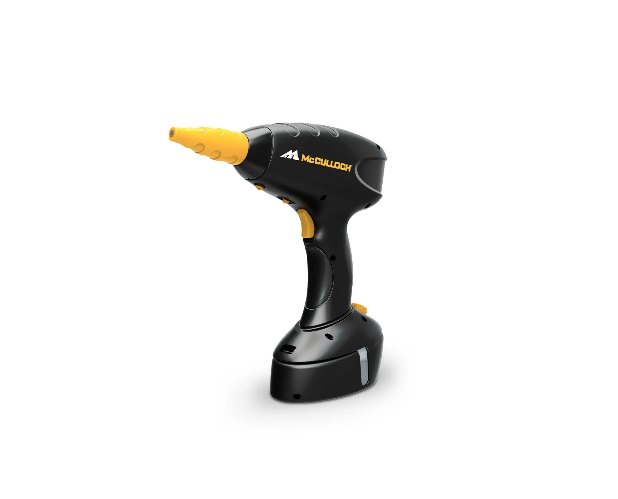 Official McCulloch MC1255 handheld steam cleaner with yellow nozzle, model body and water reservoir.