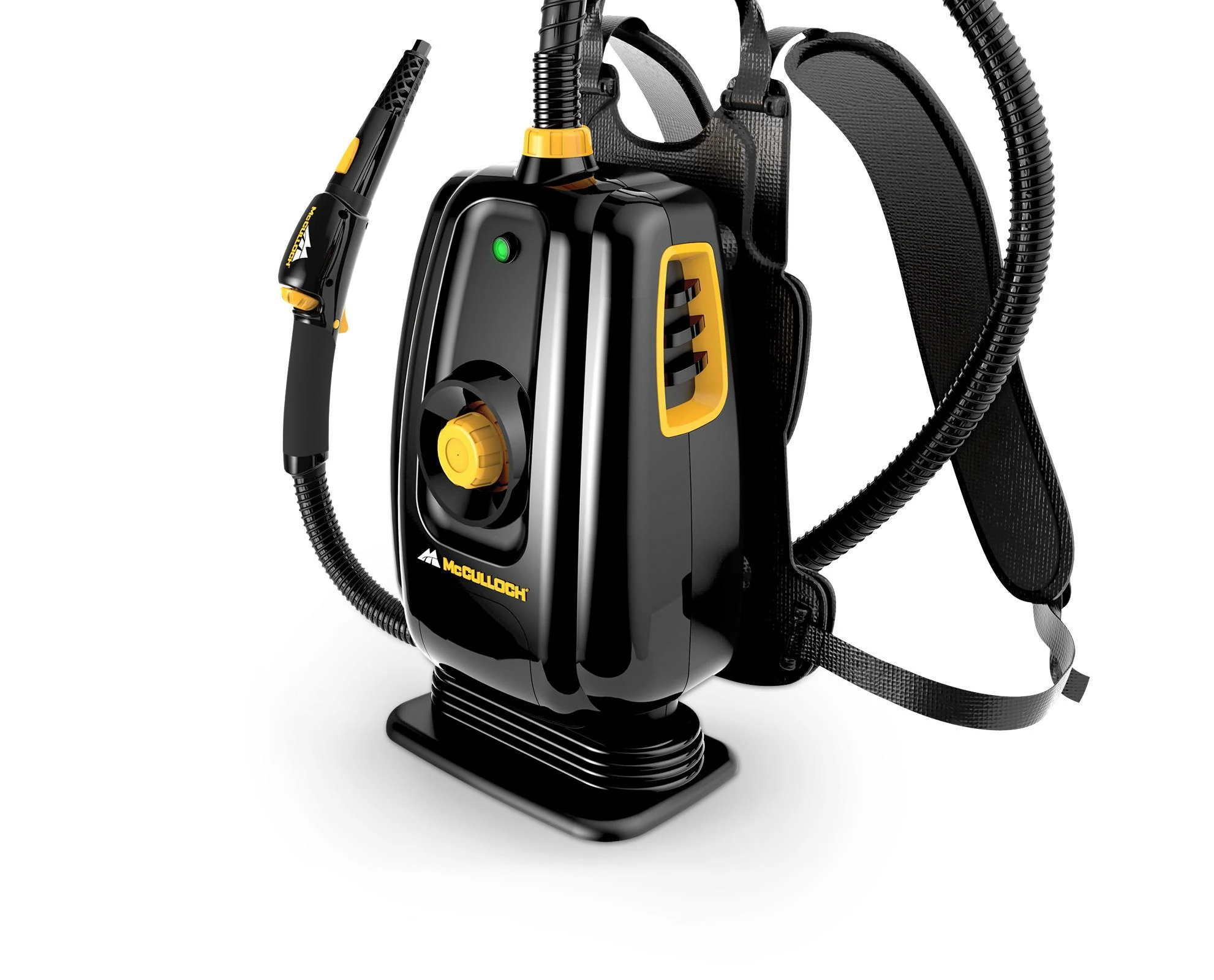 Official McCulloch MC1350 portable steam cleaner with its backpack, hose and handheld nozzle.