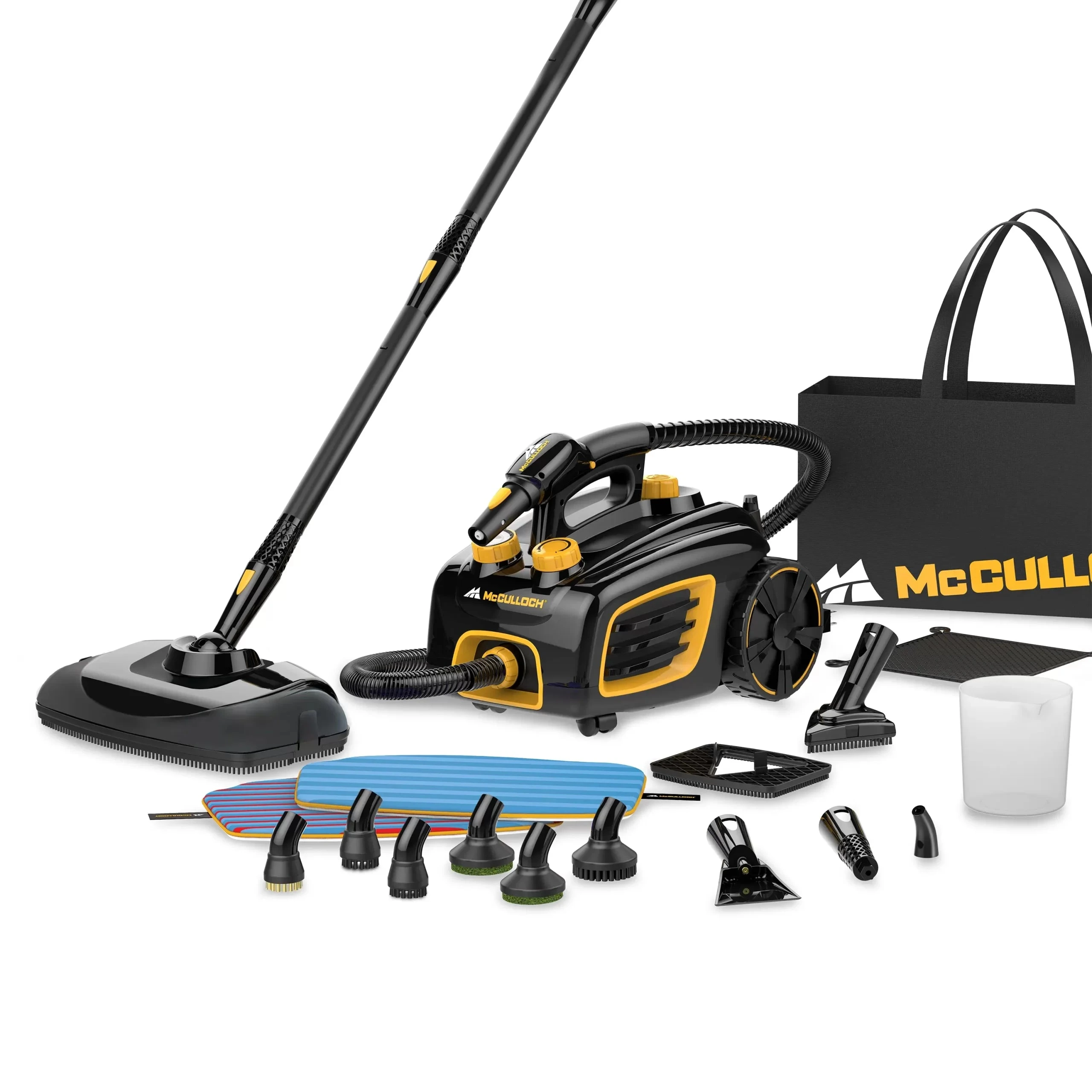 Black and yellow McCulloch MC1375 canister, floor head, pads and detail tools