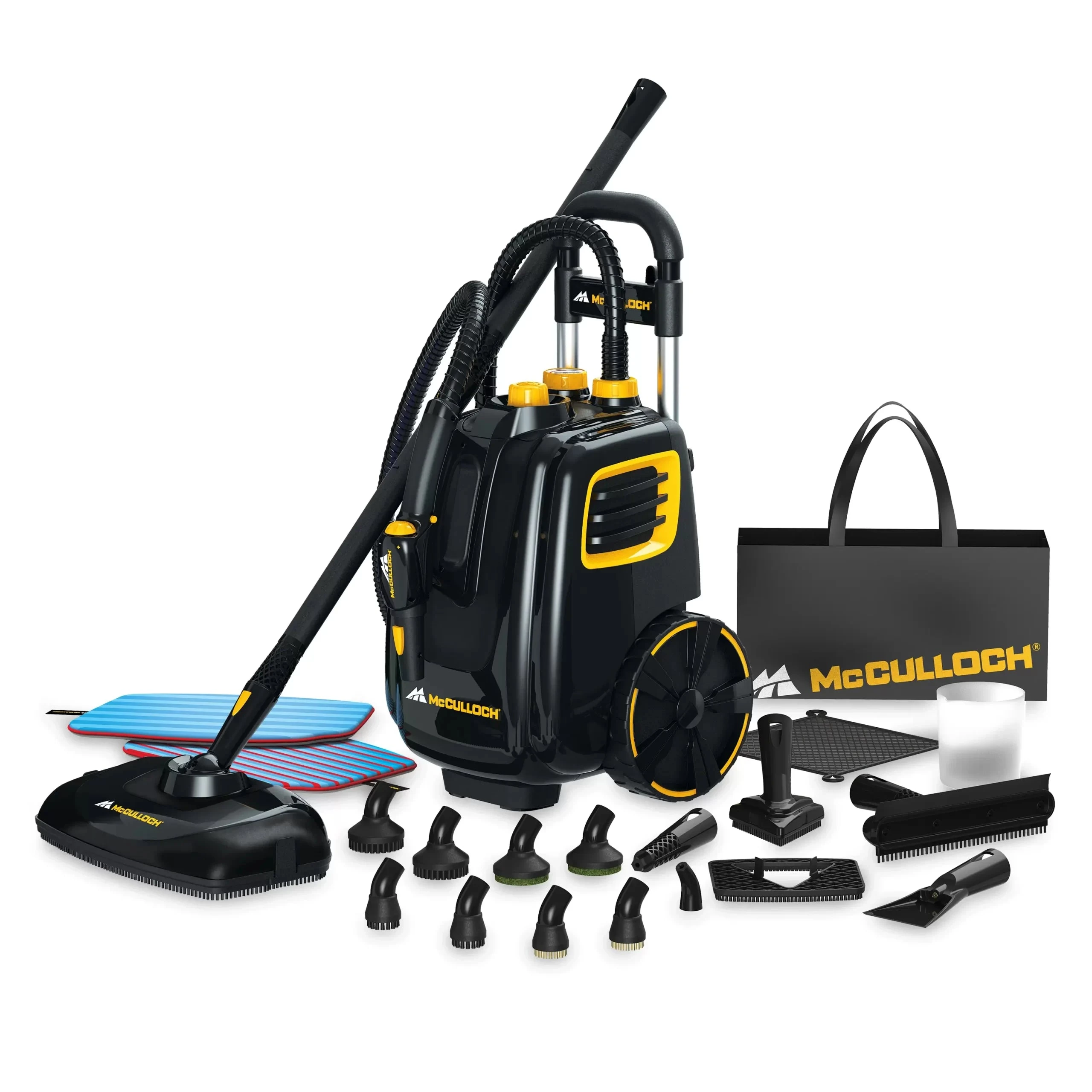 Black and yellow McCulloch MC1385 canister and current floor and glass tools