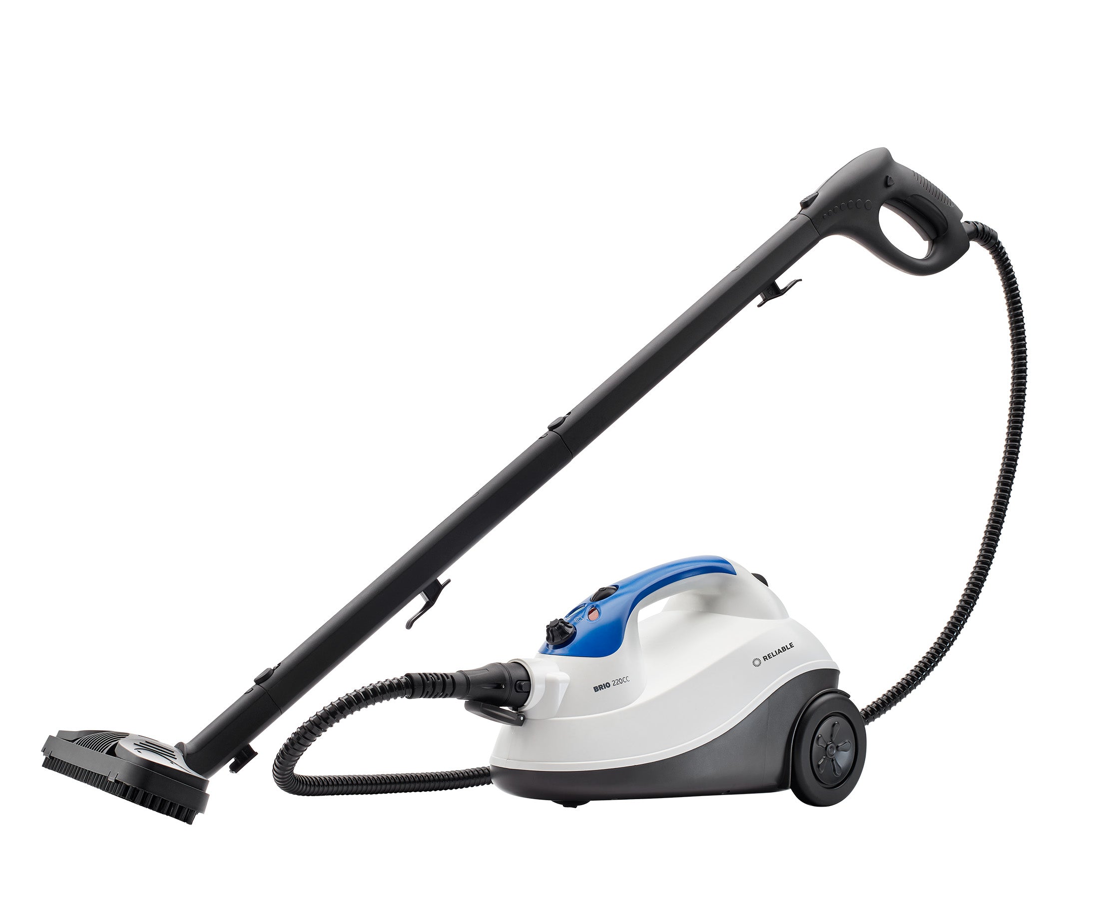 Reliable Brio 220CC canister steam cleaner with attached hose, steam gun and floor brush