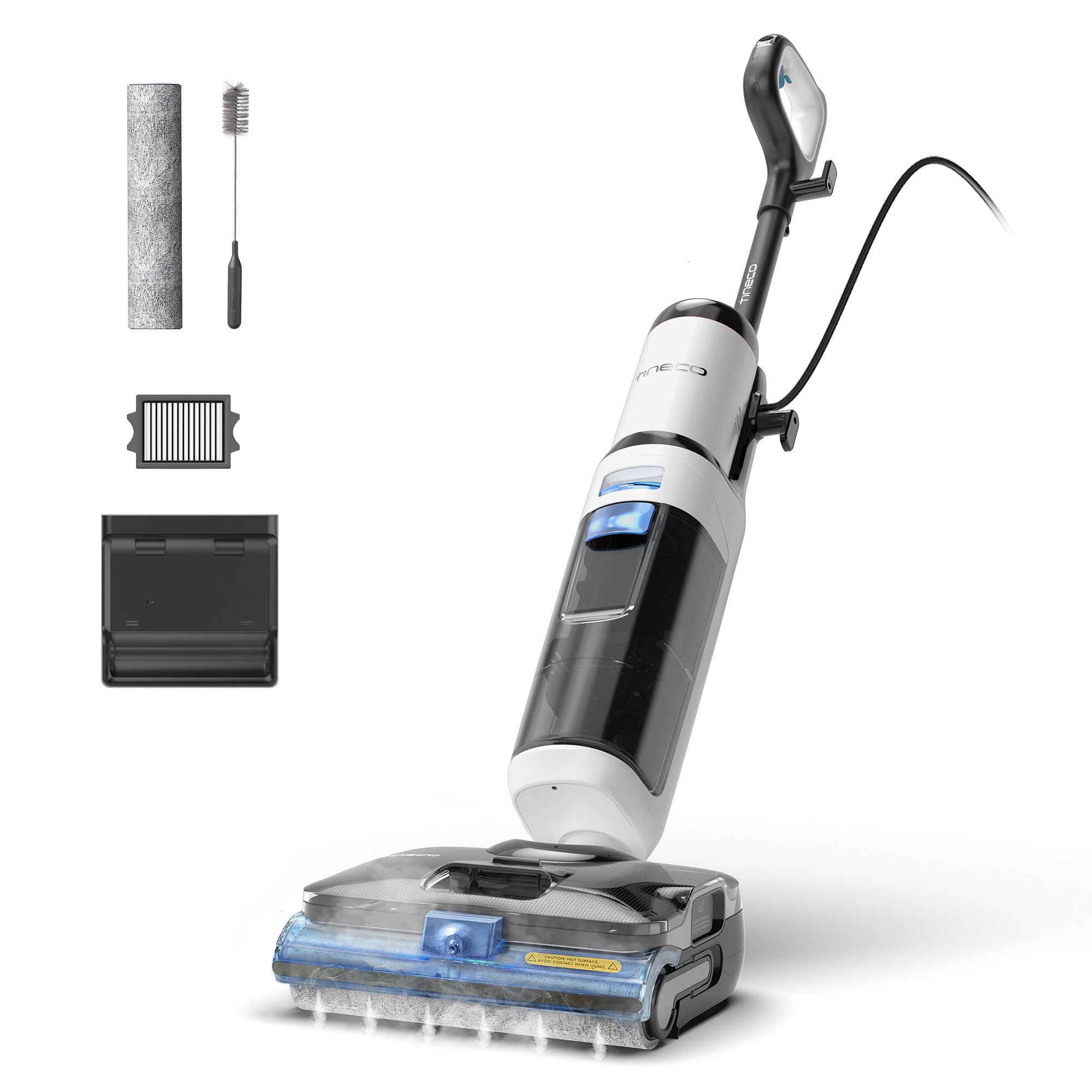White Tineco FLOOR ONE S6 Stretch Steam powered-roller washer with separate brush roller, filter, cleaning brush and storage dock depictions.