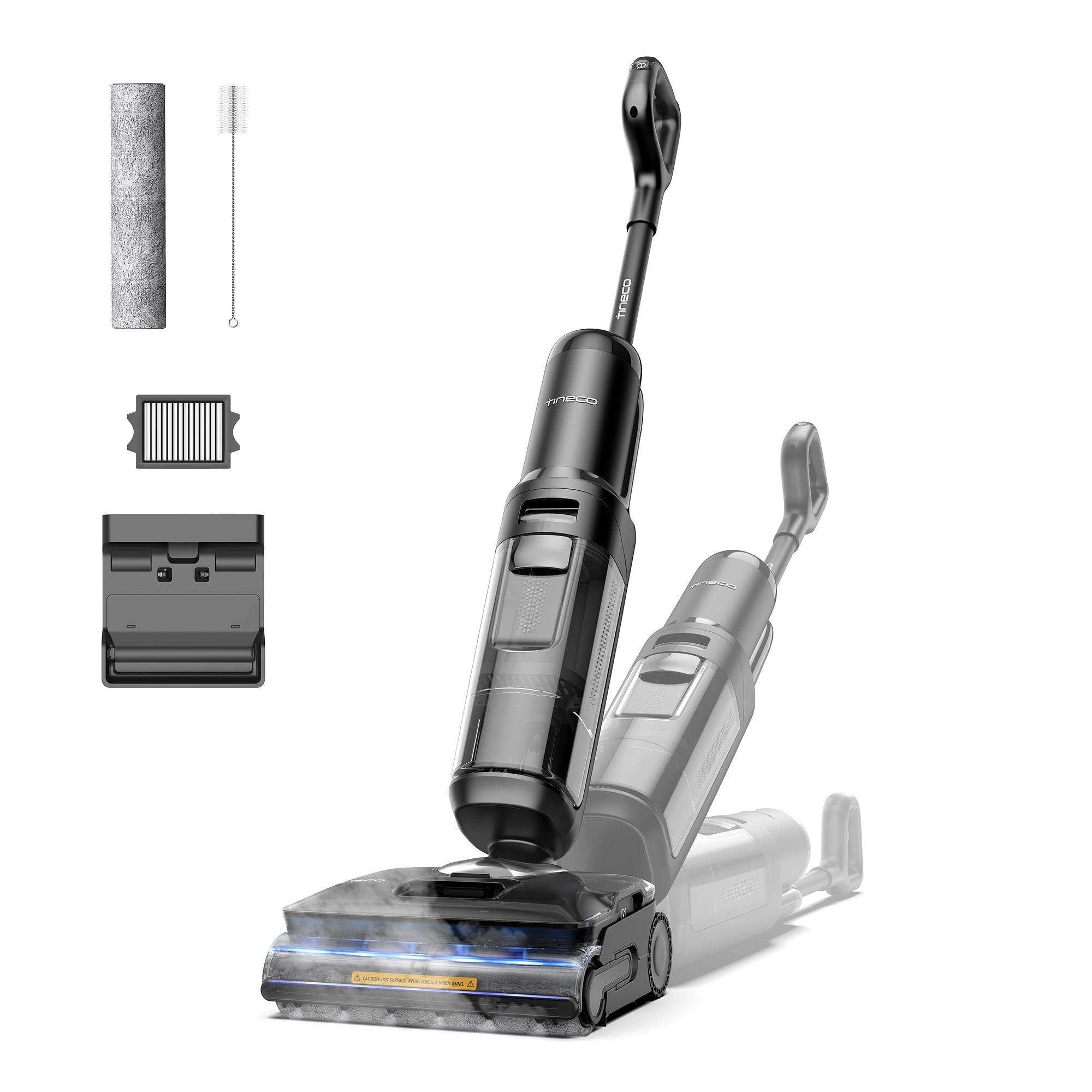 Tineco FLOOR ONE S7 Stretch Steam cordless hard-floor washer shown upright, with a faded lay-flat position and separately depicted accessories.